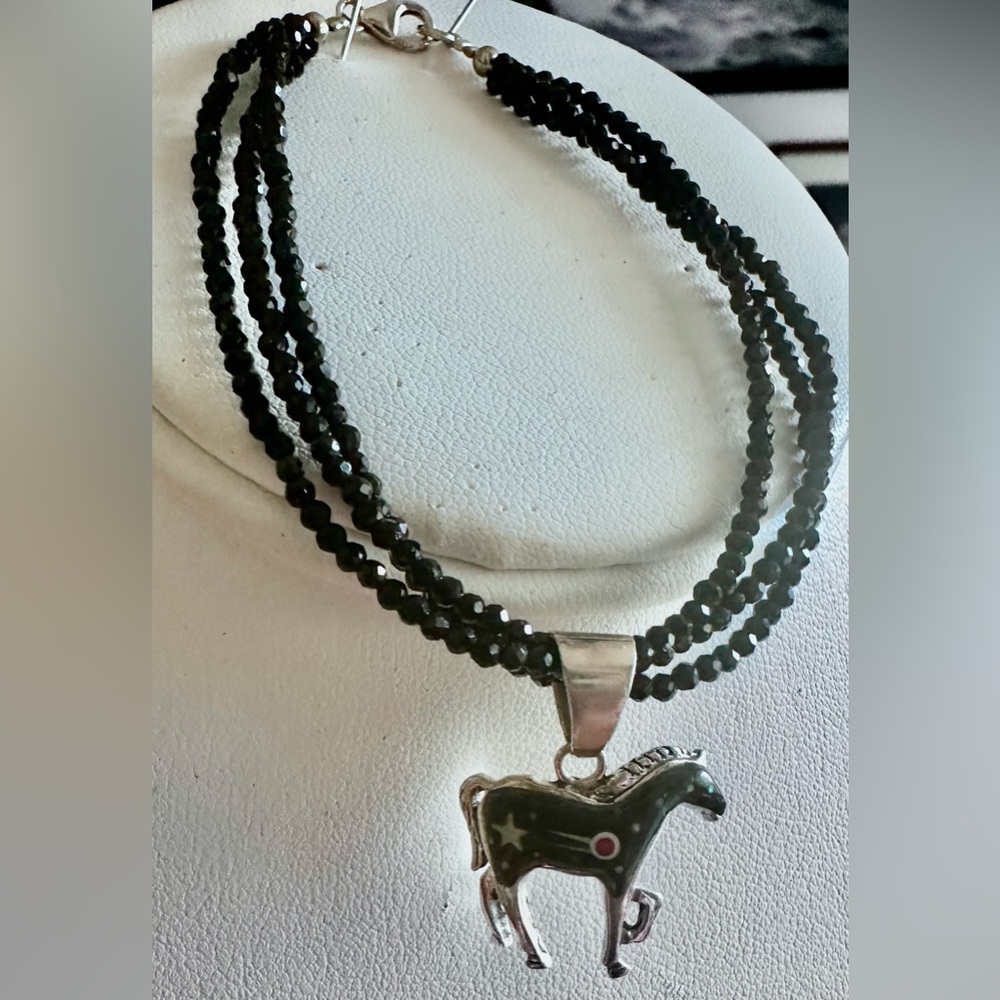 Black Onyx Turquoise SS Horse Pendant on Black Spinel Beaded Strand Bracelet NWT
